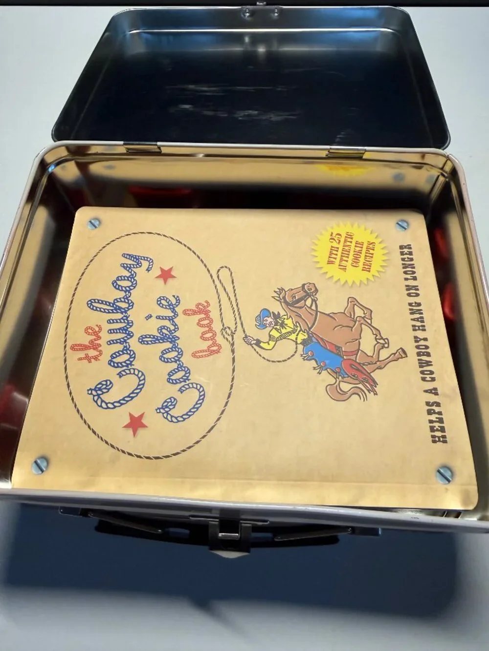 Vintage Cowboy Cookie Tin Box with 4 Cookie Cutters & Recipe Book